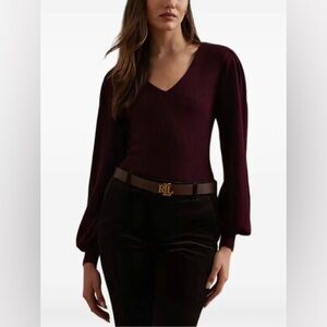 NWT Women Lauren RALPH LAUREN burgundy Elegant Classic Blouson Slim fit Sweater